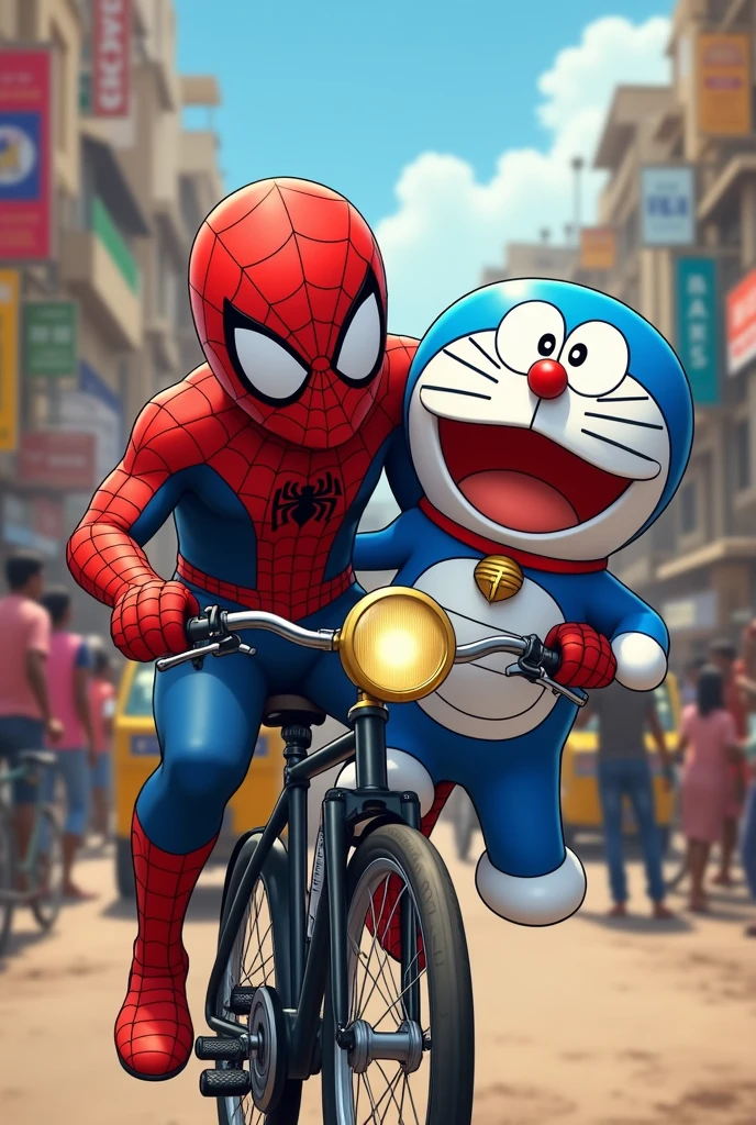 Doremon and spiderman funny and crazy in india in Gujarat cycle bike sikka