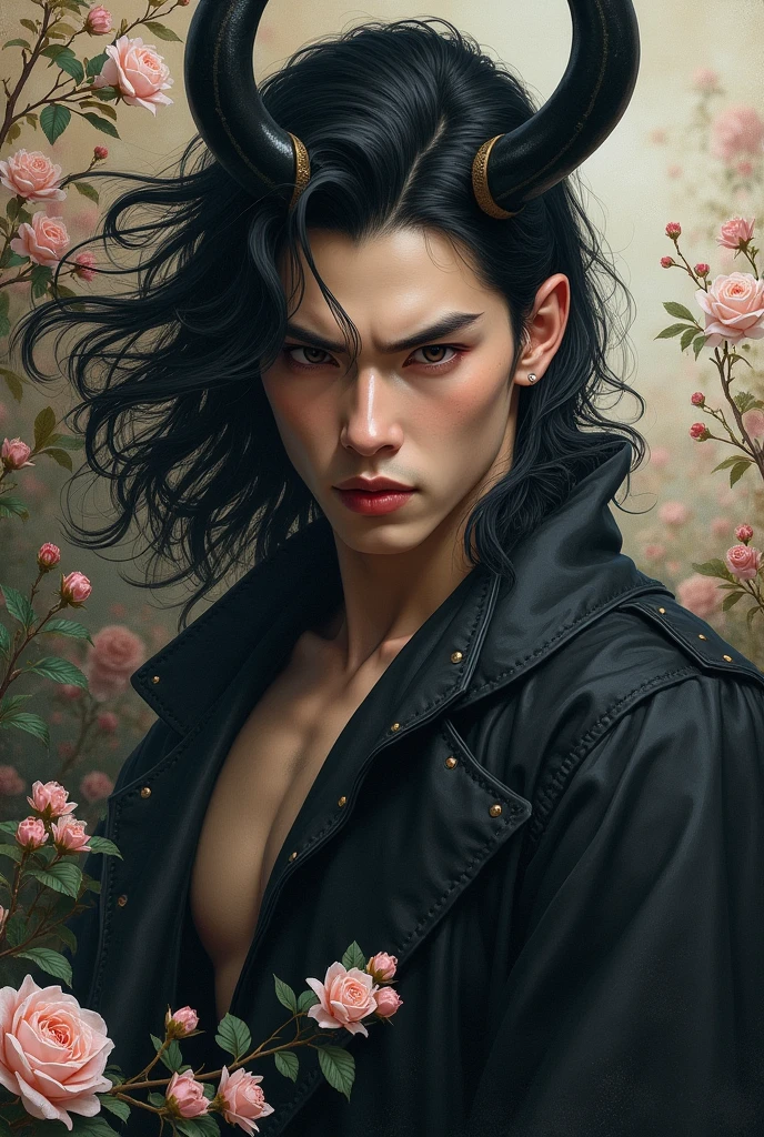 Beautiful demon man painting,Beautiful demon man painting, Vicky Chao, The superhuman strength of a demon, The strong demon, Unrivaled strength, The demon king with unparalleled supernatural powers, A beautiful demon man, Sharp eyes with slit length, Beautiful and delicate eyes, Beautiful black hair, Oiran, hanpu, A profusion of flowers, Beautiful flowers blooming behind, Five-fingered hands, Inspired by Chen Yifei, Works that influenced Francesco Hayes, Inspired by Hendrik Terbruggen, Jean=Works that influenced Auguste Dominique Ingres, Inspired by Liu Jun, Jean=Works that influenced Auguste Dominique Ingres, highest quality, The perfect angle, Perfect composition, Best Shot, Official Art, Cinematic Light, Figurative art, Beautiful and expressive paintings, Beautiful artwork illustration, wonderful, Cool Beauty, clear, Mysterious, highest quality, Official Art, Perfect composition,The perfect angle, Best Shot, man only, Sharp contours, pretty much beautiful face, Five fingered hand, demon of kyoto, A cold and ruthless devil man, Lord of the Demons, The king of Asura who rules over the Hundred Demons, wide, Rashomon, Close-up, from the front, long hair, black hair, long black hair, purple eyes, violet eyes