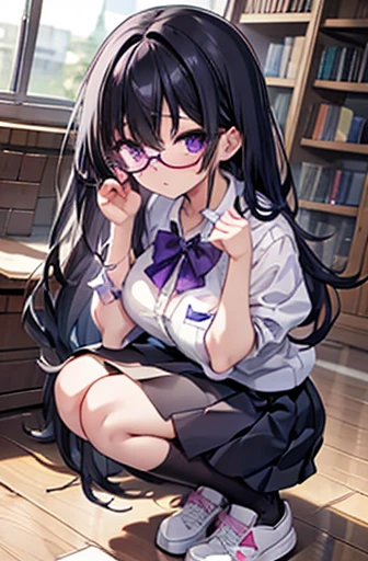 Elementary school girl Large Breasts Black Hair Long Hair Purple eyes 1 person Glasses Short-sleeved sailor uniform Navy blue mini skirt White panties White socks sneakers School Library squat Dynamic Angle Low - Angle