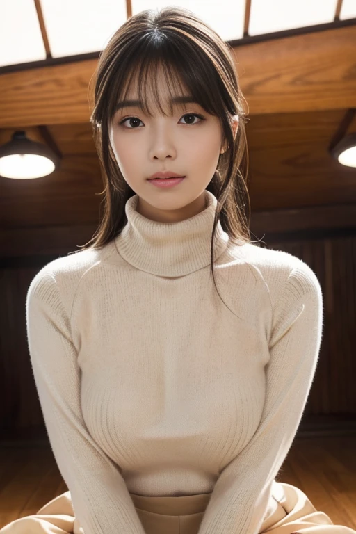 bangs,(Large Breasts:1.2),(Highest quality,masterpiece:1.2),One person,One person,One personで,Fair skin,8k,Ultra-high resolution,Very detailed,Highest quality,Look at the viewers、Perfect lighting,flat light,super high quality,Ultra-high resolution,masterpiece,Realistic,Detailed face,Perfect Anatomy,Slender body、Young Face、smile、sweating、Blushing、Please show me your whole body、((wearing a turtleneck sweater))、Beautiful legs、Baby Face、Round face、light makeup、Sweaty、Narrow waist、Sensual pose,後ろ姿