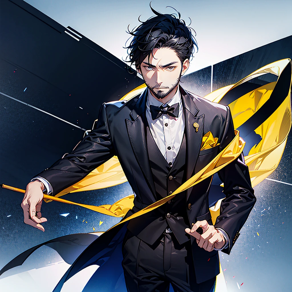 middle aged man, Contractor, Wearing a suit, pleasant, Short beard, black hair, Yellow eyes