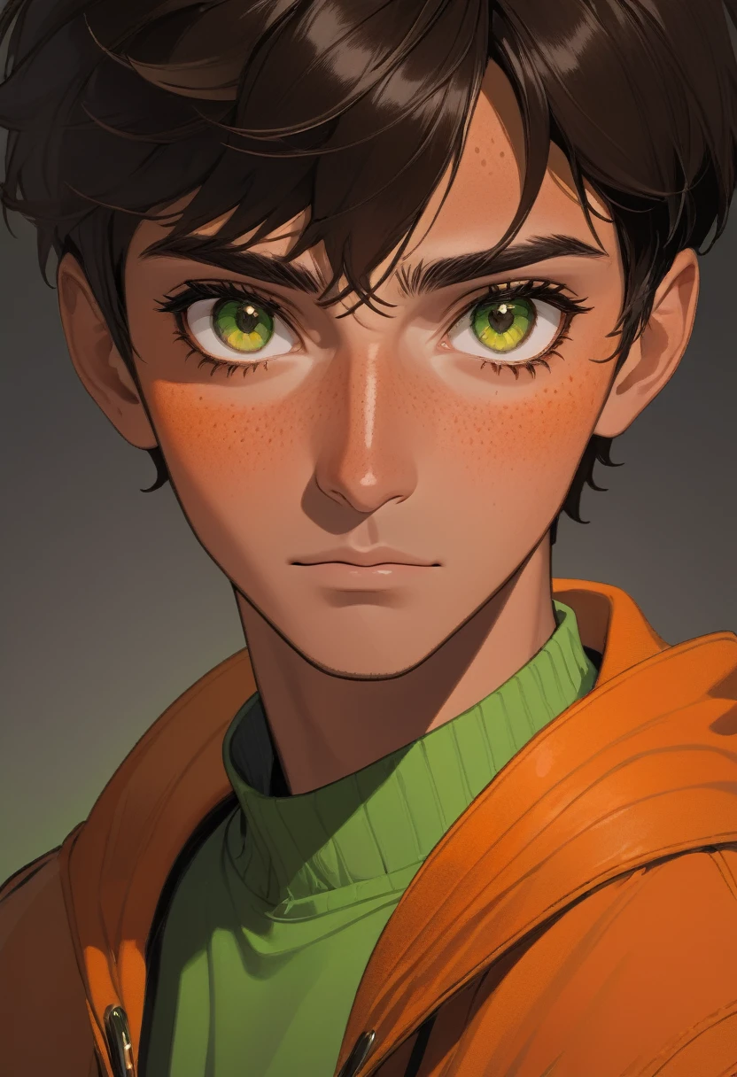 (masterpiece), best quality, expressive eyes, perfect face, hazel eyes, green eyes, portrait, short hair, dark hair, dark hair, dark brown hair, male, man, masculine, dark skin, dark tan skin, freckles, orange outfit, basic background, portrait, neutral expression