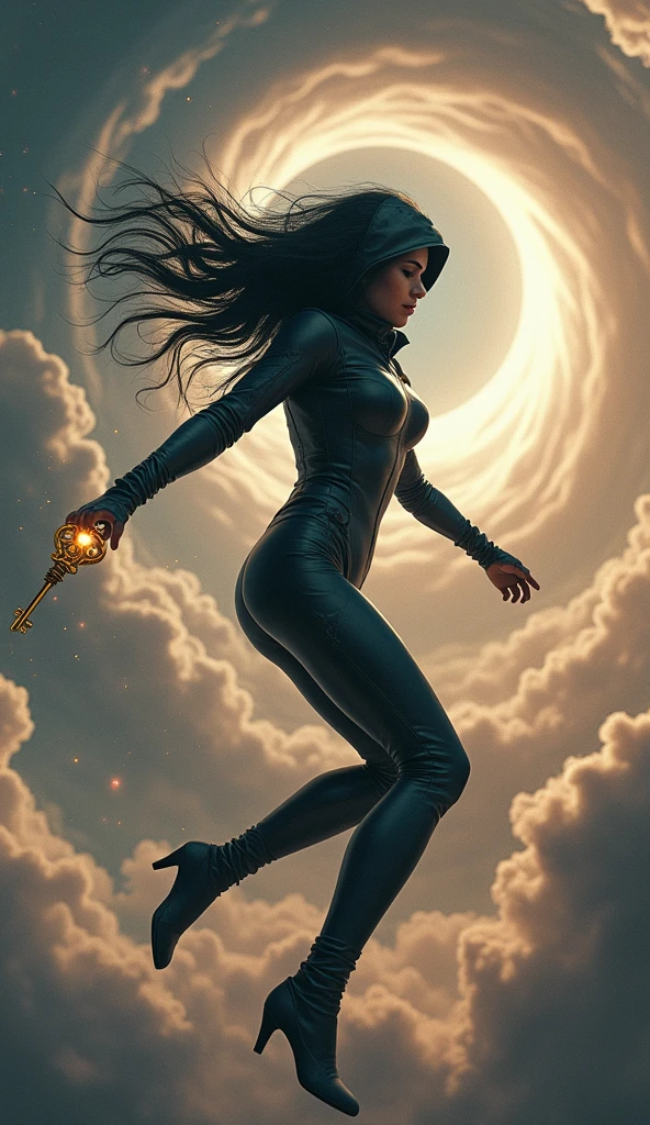 Description:
An intense and dramatic action scene depicting Eclipse, the time-traveling phantom, desperately jumping through time in a chaotic aerial setting. The scene captures her high-stakes moment as she navigates between two ominous black holes while falling through the sky.
Eclipse's Appearance:
Eclipse is shown in mid-air, her jet-black hair billowing dramatically as she falls. She wears her signature form-fitting leather suit with a hood, emphasizing her urgency and determination. The suit is detailed with subtle technological elements that hint at its advanced functionality. She clutches the glowing golden key tightly, adding to the tension of the moment.
Action Elements:
Eclipse is depicted in a dynamic pose as she leaps from one black hole to another, her body angled in mid-air. The scene captures the moment of transition, with her hair and suit flowing with the force of her movement. The black holes are swirling and menacing, creating a sense of imminent danger and uncertainty.
Background Details:
The sky is filled with tumultuous clouds and swirling vortexes, enhancing the sense of chaos and urgency. The black holes are depicted as large, dark, and distorted, with visible gravitational distortions affecting the surrounding space. The visual distortion from the black holes creates a dramatic backdrop, emphasizing the gravity of the situation.
Atmosphere and Tension:
The scene conveys a palpable sense of panic and high-stakes action. The falling motion, combined with the swirling black holes, creates a feeling of weightlessness and instability. Eclipse's determined expression and the dramatic interplay of light and shadow heighten the intensity of the moment.
