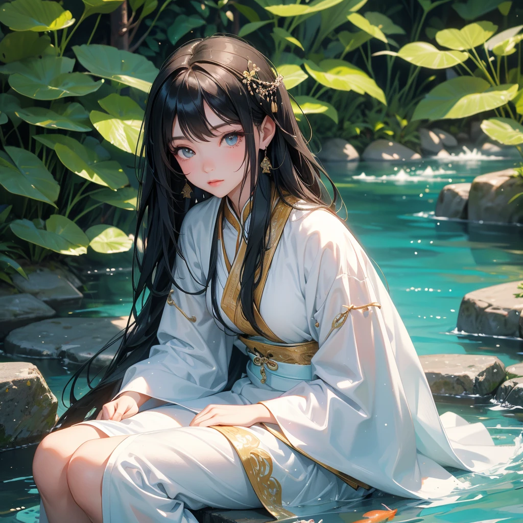 A beautiful girl with black long hair, wear white ancient chinese clothes, with the sun shining on her face, close up.
Sitting fishing next to a green stream, a blue river full of fish. flowing slowly