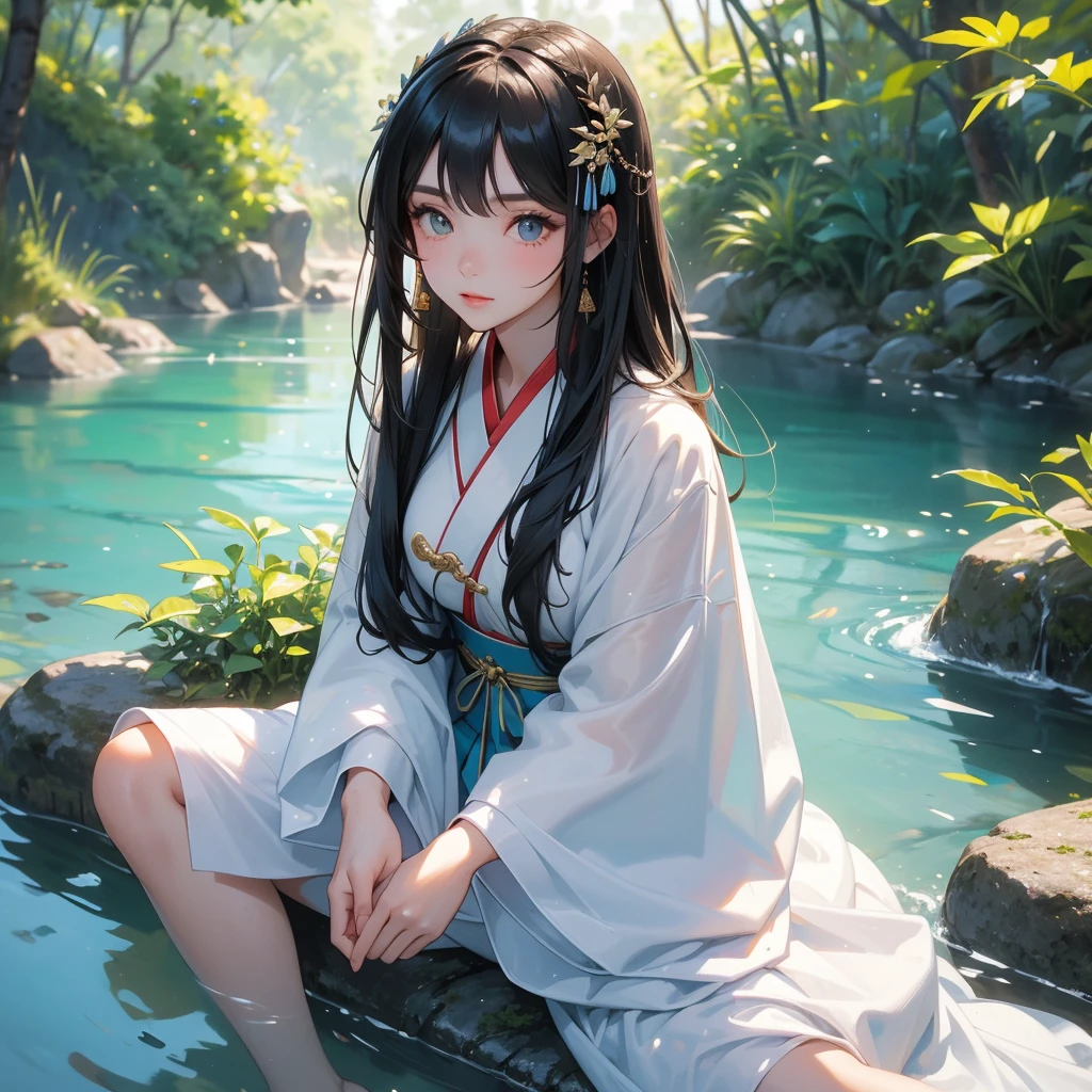 A beautiful girl with black long hair, wear white ancient chinese clothes, with the sun shining on her face, close up.
Sitting fishing next to a green stream, a blue river full of fish. flowing slowly