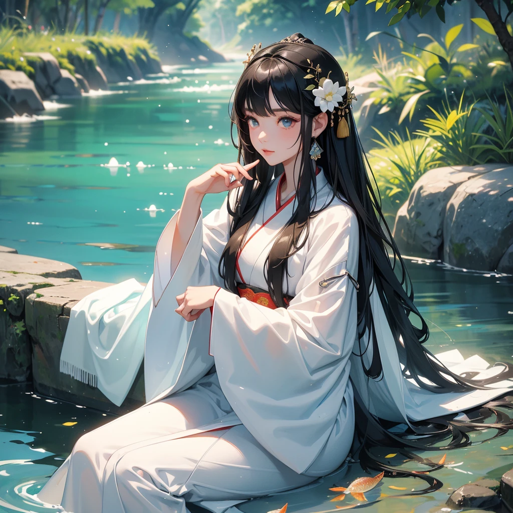 A beautiful girl with black long hair, wear white ancient chinese clothes, with the sun shining on her face, close up.
Sitting fishing next to a green stream, a blue river full of fish. flowing slowly