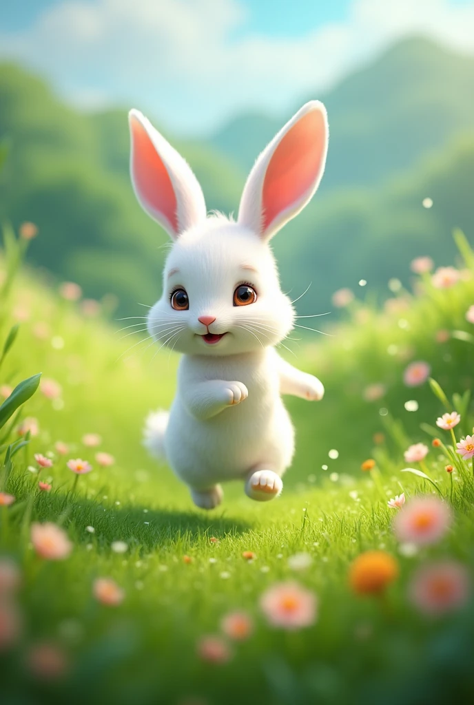 a small white rabbit playing in the green ground