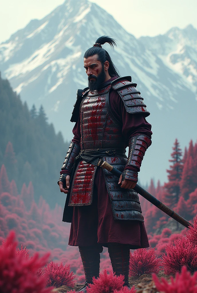 Samurai covered with blood in an open land full of trees and pink leaves.
Add more blood to the samurai.
add mountains