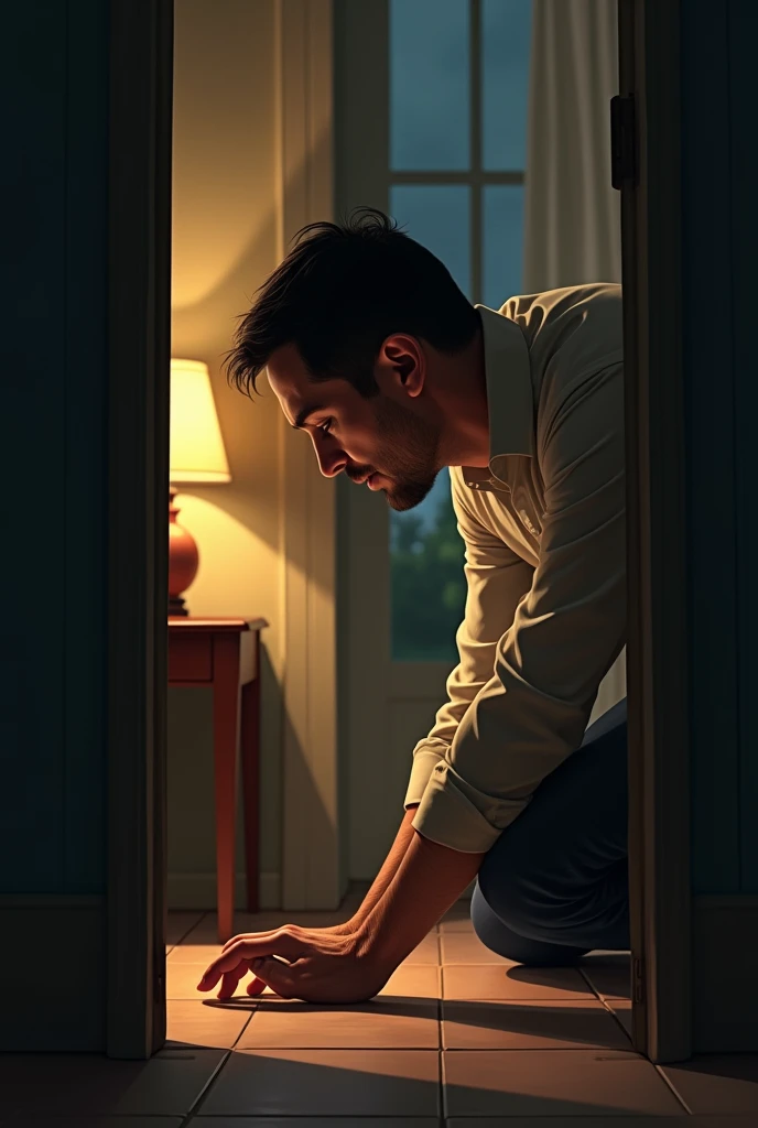 A man trying to pick something on the floor from inside the room
He open the door narrow
Beside the door there is a lamp on the table

You saw his face on the right of the door

