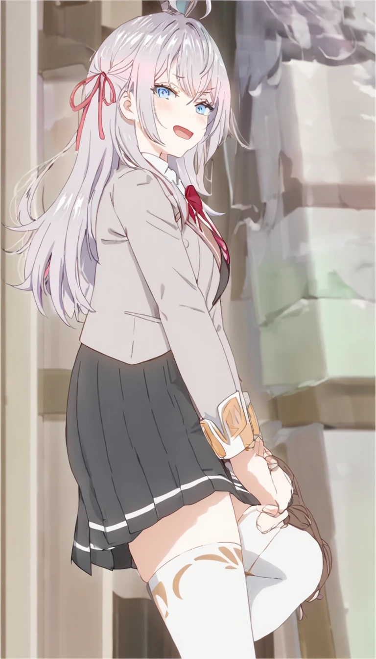 One person,  Alisa Mikhailovna Kujo,Tomorrow, my dear friend, Arya-san,alone, Long Hair, Eyebrows visible through hair, Hair between the eyes, Silver Hair, Hair Ribbon, blue eyes, Medium chest, school uniform,White legwear,zettai ryouiki, Long sleeve, Jacket,
Sealing, Portraiture, View your viewers, Severe, corridor, Open your mouth,
Highest quality, so beautiful, Absurd