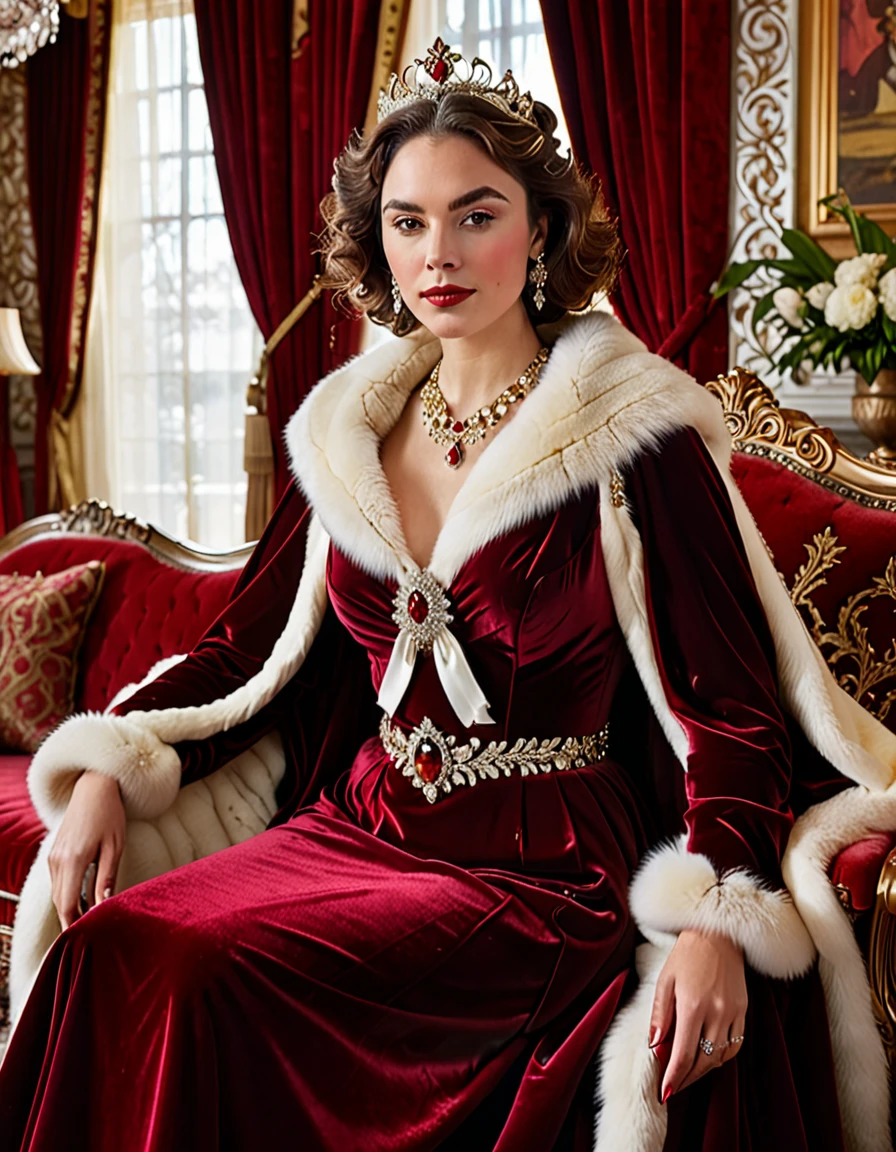 High-resolution, styled portrait photograph featuring a woman seated in an opulent, regal setting. The layout is centered, with the subject positioned prominently in the foreground. She has long, wavy brown hair, fair skin, and striking facial features including full lips and defined eyebrows. She is wearing a deep red, plunging neckline dress, adorned with a silver necklace and a jeweled crown. A white fur-trimmed cape drapes over her shoulders. The background includes luxurious red velvet curtains and a matching tufted sofa, with ornate gold detailing on the walls and furniture, enhancing the royal ambiance.