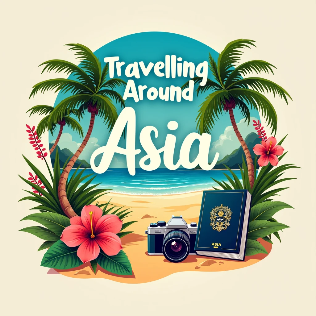 making the name 'Travelling around Asia' the focal point, The design should incorporate tropical beaches, a passport, and a camera.