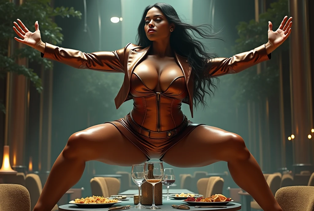 luxury business skirt suit,((A fat body that looks like its clothes will burst with muscles)),Create a high-resolution realist 3d image of a dark skin toned melanin elegant woman with a findom dominant and commanding persona and Prescence wearing luxurious attire, such as a tailored suits or designer dress, and posed in a confident stance. full body tall and plus size curvey body 5'9 265 lbs This mage should exude power, control, and sophistication, with a hint of mystery. the back ground is in a fancy restaurant, surrounded by food, food everywhere, table full of food in foreground,