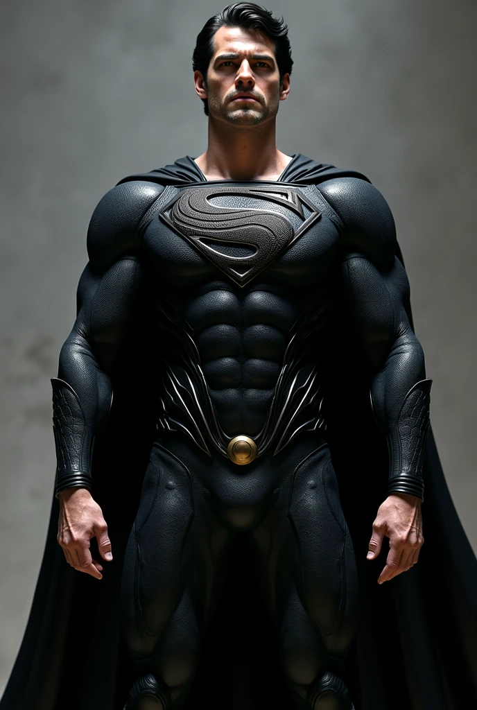 Superman is standing with his venomous snake emblem symbol that is attached on his logo and black theme on his chest, his costume is a black.