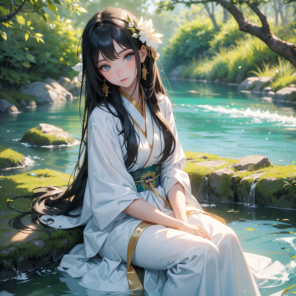 A beautiful girl with black long hair, wear white ancient chinese clothes, with the sun shining on her face, close up.

Sitting fishing next to a green stream, a blue river full of fish. flowing slowly