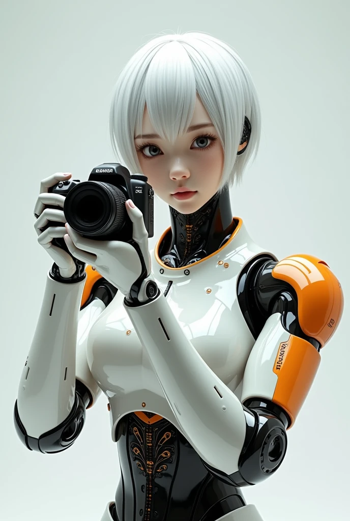 Make a cover,一个日本機械人male操控著攝影機Facing the camera,best quality, 1080P, masterpiece, Ultra-high resolution, Reality, 超Reality主义, Realistic skin texture,Realistic facial features, Ultimate skin detail, Digital SLR Camera, Exquisite eyes, Facing the camera, Very beautiful face, Simple facial structure, Pale skin, Realistic skin texture, Ultimate skin detail, oc render reflection texture, Realistic light and shadow, Single image, solitary, White hair, fit、balance., 2, Height 175cm, male, 拥有机械身体的male, Transparent futuristic white and orange glass mecha suit, Circuit stuck in the middle of the back., Perfect robotic arm,正面Facing the camera,Facing the camera,Half-length photo, Half-length photo