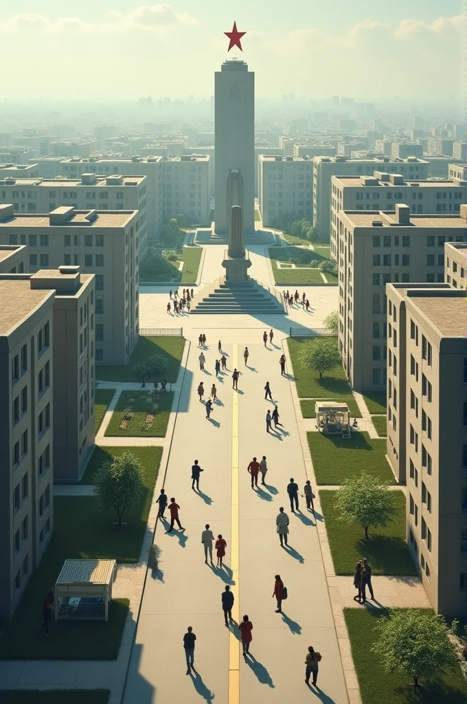 Create a realistic picture of a communist state. The scene shows a quiet city with simple concrete apartment blocks and well-maintained streets. In the middle there is a large square with a monument, which symbolizes solidarity and equality. People in everyday clothes go about their work or talk in groups. Community gardens and simple playgrounds can be seen between the residential buildings. There is a feeling of order and structure, but also a certain simplicity, without luxury. The architecture is functional and limited to the bare essentials.