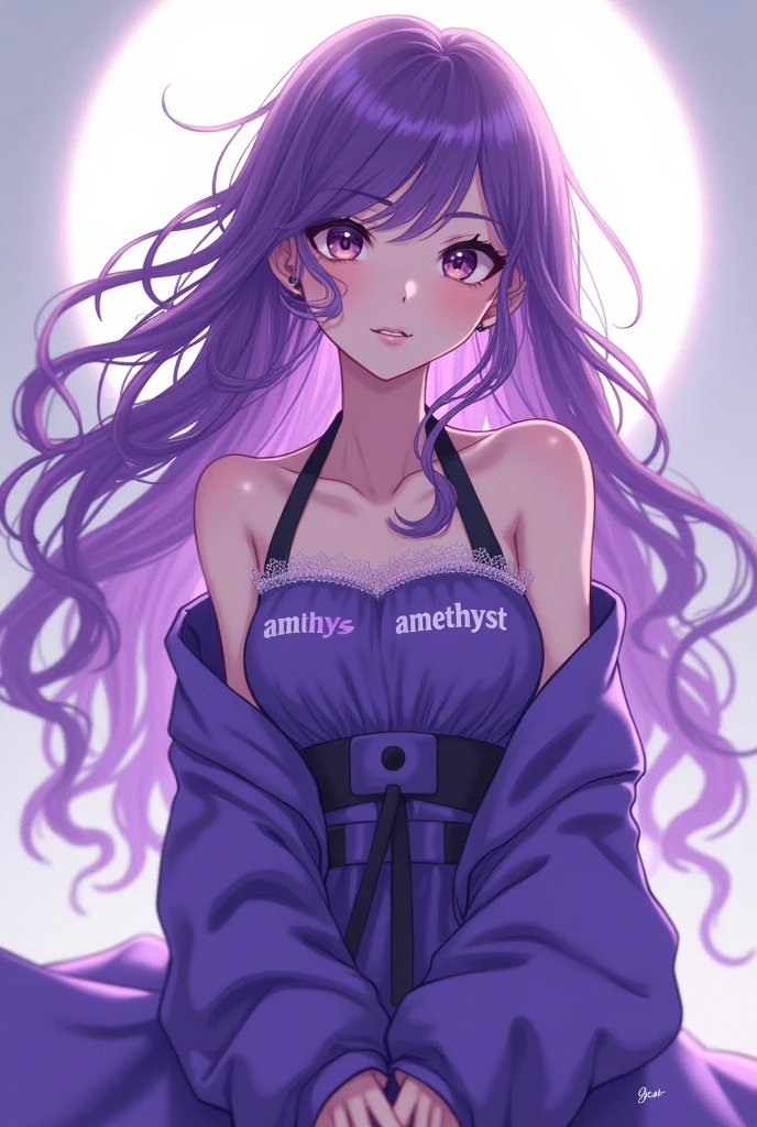 anime girl with wavy long hair, aesthetic outfit, with text "Amethyst" in her clothes
