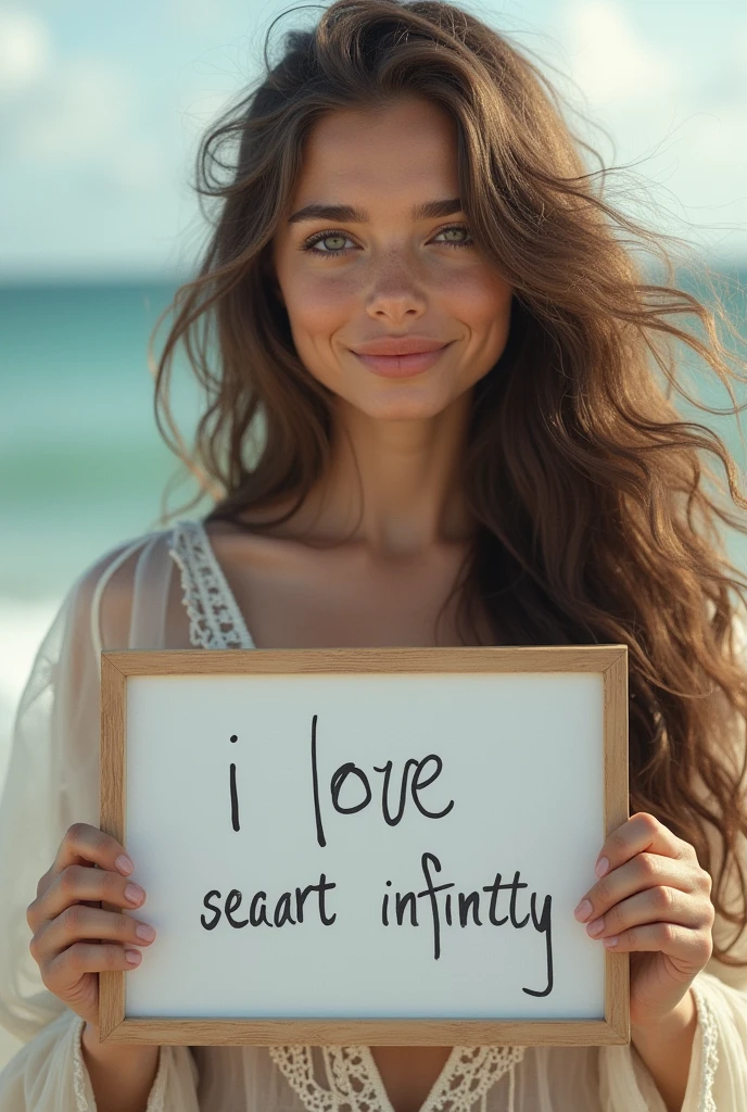 Beautiful girl with wavy long hair, bohemian dress, holding a white board with text "I Love Seaart Infinity" and showing it to the viewer