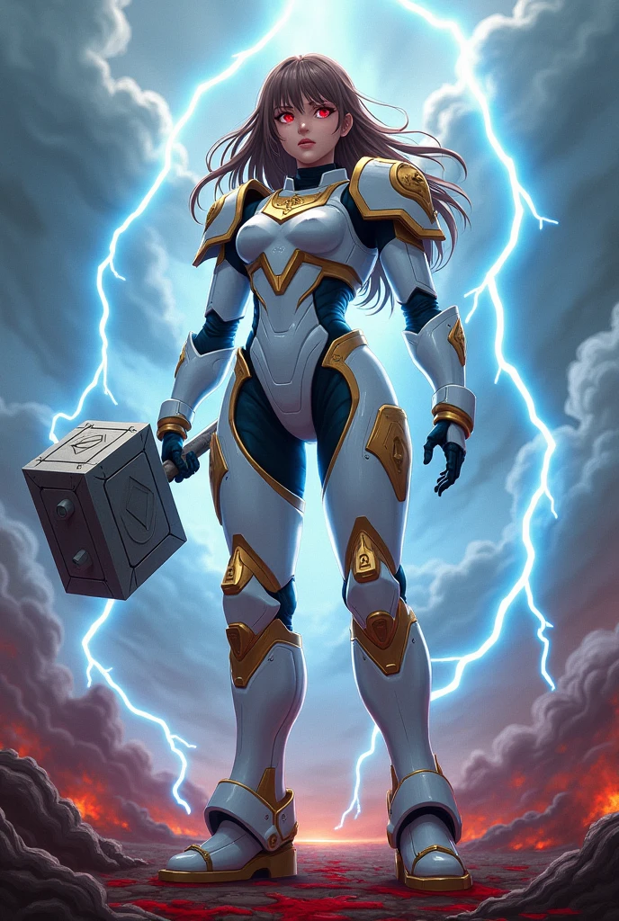 Masterpiece, best quality, ultra-detailed, anime style, solo, full body of space marine girl, Pure white power armor with gold trim, Brown Hair Style, Red eyes with geometric patterns, Nice robe, held a hammer with a giant blue lightning bolt surrounding, Standing in the midst of the bloody storm, Warhammer 40K,8k high resolution, trending art station, Dark background, whole body, Dark fantsy style