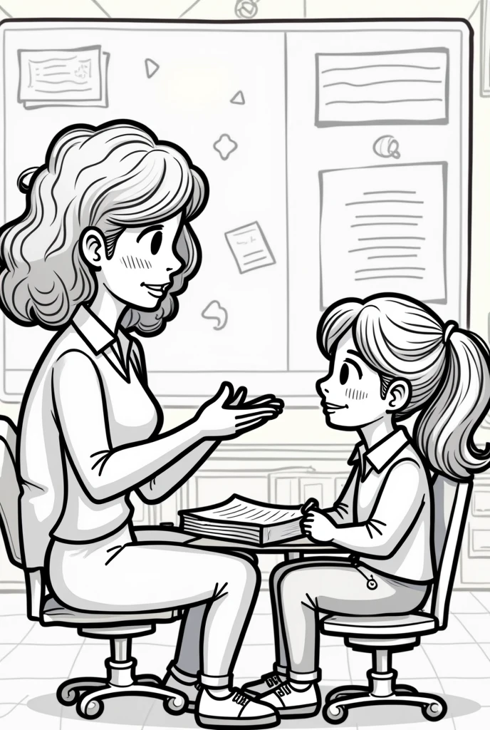 Colouring page of a teaching scene wearing a female teacher is teaching a female student both should be in setting position and I don't want it to be a realistic drawing I wanted to be a cartoonist