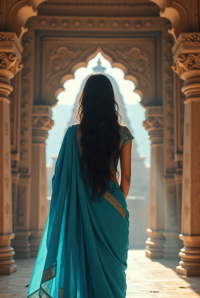 A single Indian 2 girl with long hair wearing in blue saree saree in outside the temple