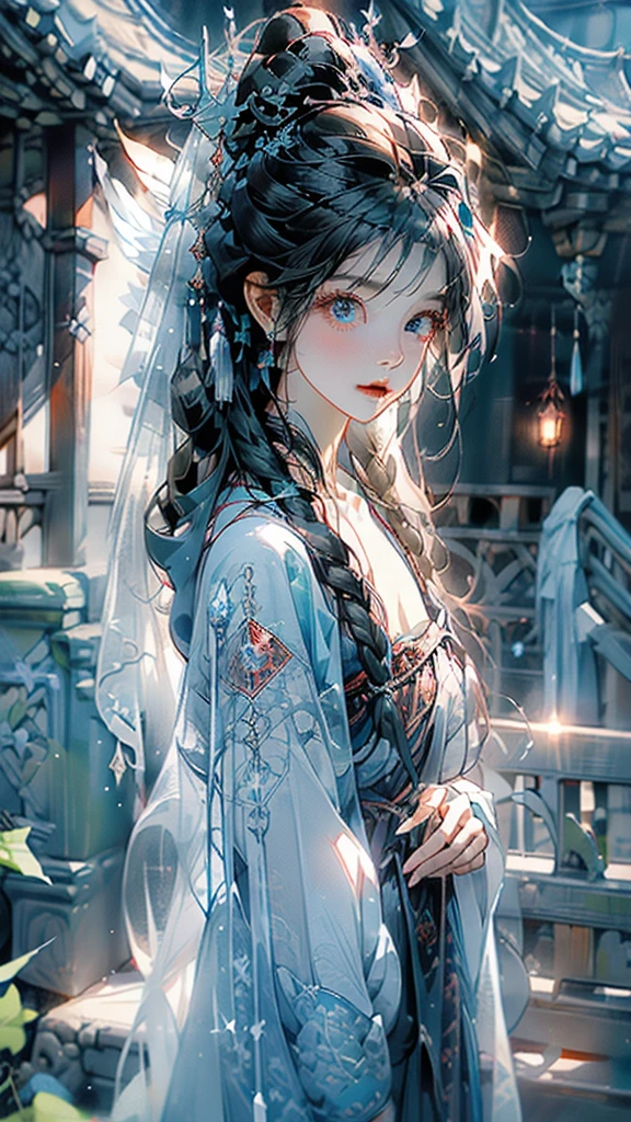Exorcising evil spirits at the shrine17Beautiful girl about her age、Shrine maiden、Androgynous beautiful face、Perfectly trimmed face、Beautiful proportions、Open your mouth slightly、
Black hair and sky blue mesh hair、ponytail、White ribbon、Shrine maiden服、Naginata、Waist-length hair、Loose waves in black hair、Tie the side hair back with a green string.、From the waist up、Blue Eyes、Looking sadly at the sky、Swaying earrings、Finely carved blue gemstone necklace、choker、Hair dancing in the wind、(((In his right hand he holds a spellbook engraved with a crimson red pentagram.)))、Staring at the sky, I chant a spell、Open your mouth、((A dazzling light shoots out from the spellbook into the sky.))、Intricate and elegant embroidered innerwear in black and gold、Hooded coat with fluffy white feathers、Coat fluttering in the wind、White feathers flying in the air、Left hand pointing straight up towards the sky、A small pale light from my fingertips、Dark sky、lightning、Gazing at the sky、Beautiful hand ultra wide shot、Focus on people、masterpiece, best quality, ultra detailed, insanely detailed, exquisite, beautiful, 16K, highres