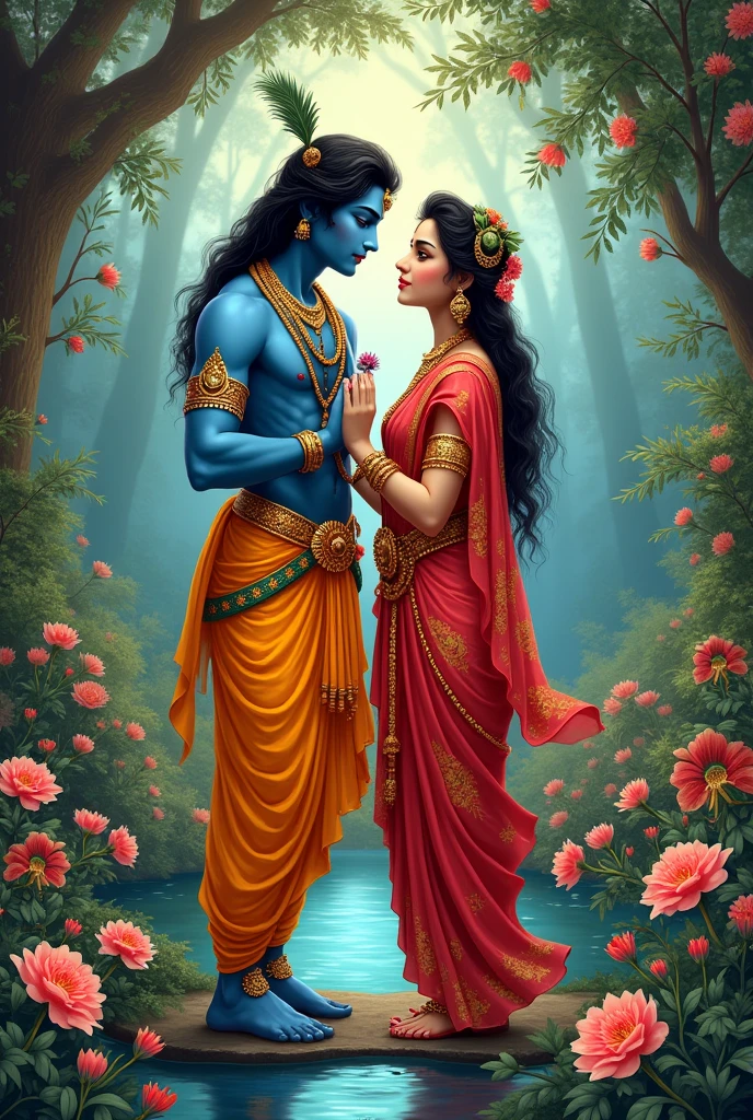Krishna and Radha in garden  