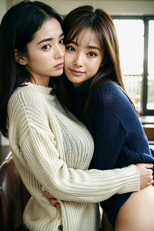 2 women、Bottomless、sweater、Put your face close to each other's pussy