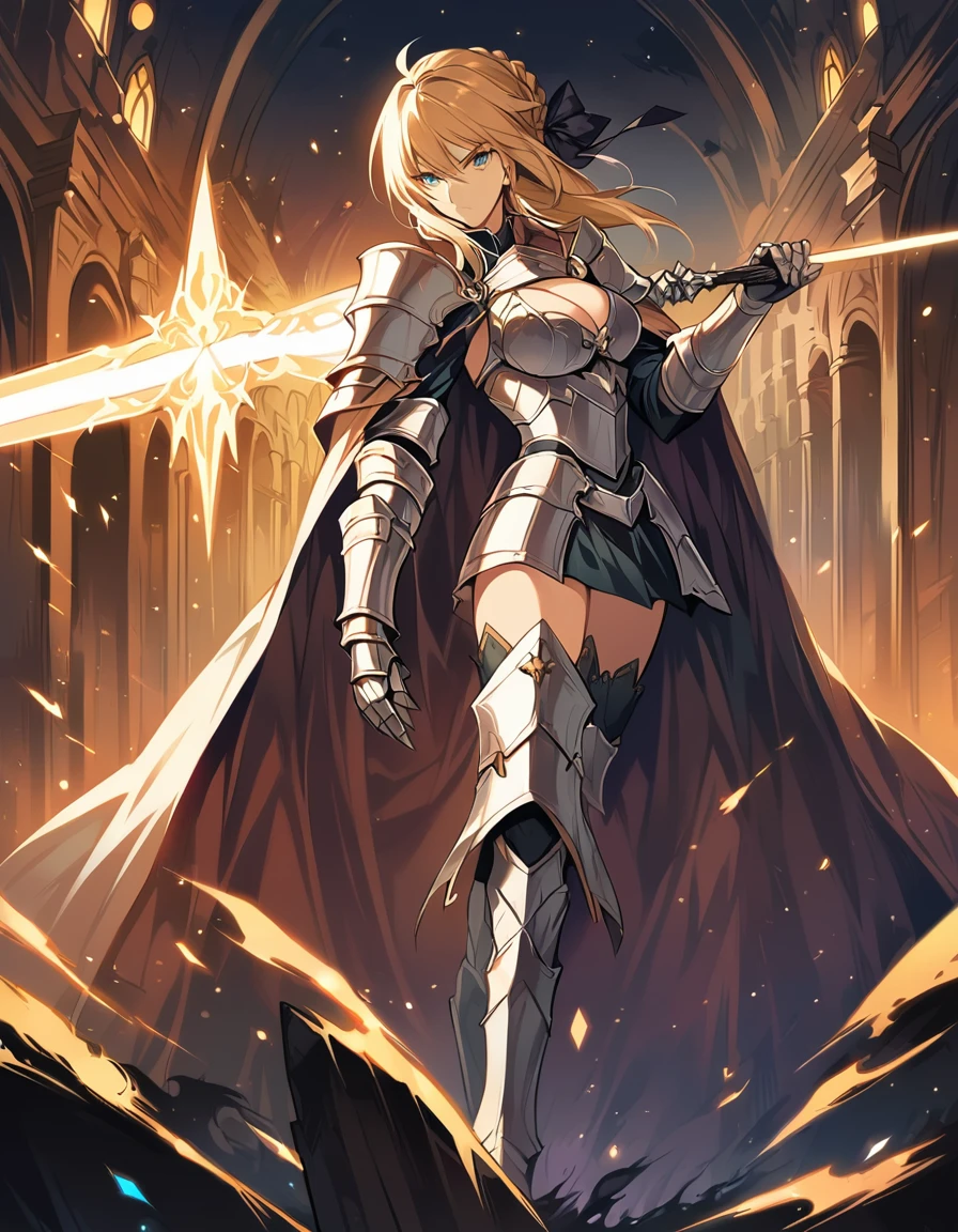 score_9, score_8_up, score_7_up, score_6_up, source_anime, BREAK Anime - Stylistic image of Artoria Pendragon (braid, short dress, ribbon, hair ribbon, armor, gauntlets, armored dress, boots:1.2), BREAK cleavage, (action stance with sword:1.3), BREAK Kushatt Krenz Key Art Women, Extremely detailed Artgerm, Artgerm on ArtStation Pixiv, BREAK Epic light novel art cover, gorgeous female paladin, trending on artstation pixiv, Portrait Chevaliers du Zodiaque Fille, BREAK inside dimly lit spooky mansion, midnight, shallow depth of field, BREAK highly detailed, bokeh, moody, epic, gorgeous, grainy, BREAK (ultra-detailed), (best illustration), (best shadow), (absurdres), (detailed background), (very aesthetic).