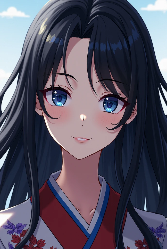 From Demon slayer,Woman,blue eyes,black long hair,wearing a kimono,smiling.