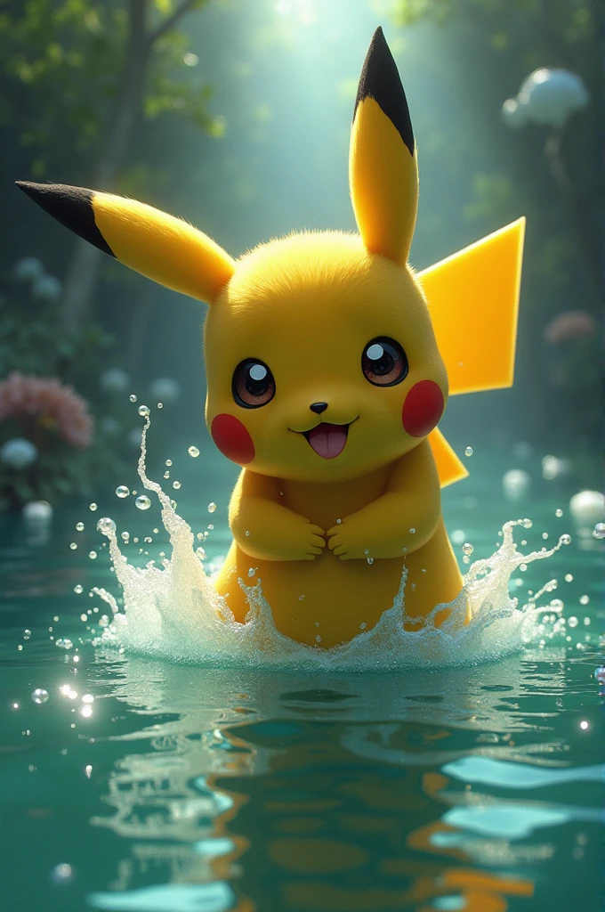 It&#39;s like real sin, a Pikachu style, a girl playing in the water.