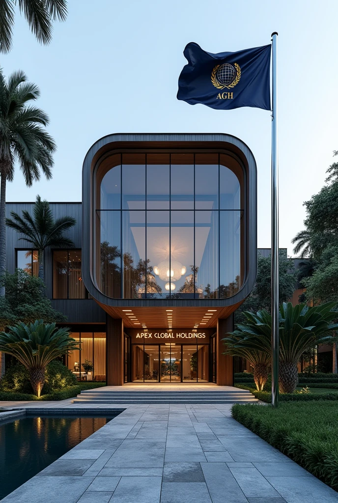 Building The image showcases a modern building with distinct Singaporean architectural elements. The building features sleek glass facades, clean lines, and an elegant, minimalist design that reflects a blend of modernity and traditional Southeast Asian influences. The structure rises several stories high, with a curved roof inspired by the traditional "Minangkabau" style, slightly flaring at the edges.
At the top of the building, prominently displayed is a large sign that reads "APEX GLOBAL HOLDINGS EMBASSY" in bold, metallic letters, illuminated subtly for a sophisticated look. The lettering is centered above the main entrance, which is framed by two large, polished stone pillars.
The building is surrounded by a lush, well-manicured compound, featuring a variety of tropical plants, palm trees, and a koi pond that reflects the building's modern yet organic design. A wide, stone pathway leads to the entrance, bordered by low, neatly trimmed hedges.
Flag Description:
A flagpole stands to the right of the main entrance, positioned near the koi pond. The flag of Apex Global Holdings is flying atop it, featuring a deep navy blue background with a golden emblem at the center. The emblem is a globe encircled by olive branches, symbolizing peace and global reach, with the letters "AGH" elegantly inscribed at the bottom of the globe in a bold, modern font. The flag waves gently in the breeze, adding a sense of dignity and prestige to the setting.
The entire scene is set against a clear blue sky, with the building’s glass facade reflecting the natural surroundings, enhancing the serene and prestigious ambiance of the compound.The flag should be of normal size