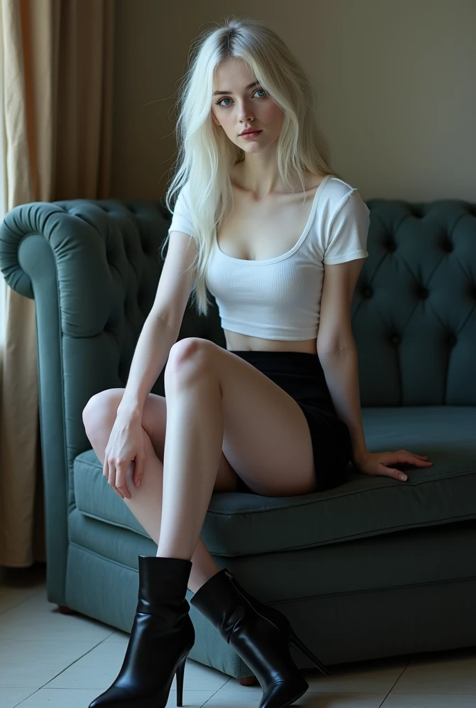 A (((full-body))) picture of an ethereally beautiful 1 girl. She has youthful caucasian features and ((very pale white skin)). Her eyes are a striking blue, and she is wearing ((heavy black eye makeup)). She has a very slim body with long thin legs and large round breasts. She is wearing a tight white crop top, a very short black miniskirt, and black boots. She is sitting in a provocative pose that shows off her legs, and her (((whole body from head to toe))) is shown in the photo.