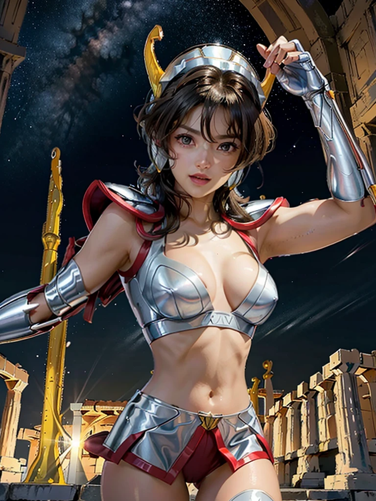 masterpiece, best quality, ultra high res, realistic skin texture,silver armor, armature, (photorealistic:1.4), high resolution, raw photo, 1 girl, shiny skin, (detail skin:1.2), realistic skin texture, best lighting, wearing red panty, (perfect breast:1.3), sparkle, mecha armor, (short hair:1.2), (Pegasus Seiya:1.2), wearing a winged helmet, dramatic lighting, dynamic pose, (greek temple background:1.3), night sky, cosmos, milky way,