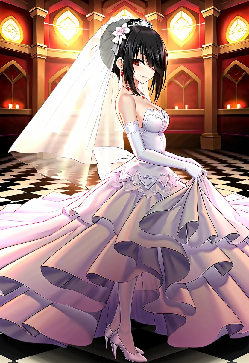 tokisaki kurumi,((masterpiece)),(((best quality))),((ultra-detailed)),((illustration)),((disheveled hair)),((frills)),(1 girl),(solo),1girl,bare shoulders,black hair,bow,bridal veil,bride,checkered,checkered floor,clothes pull,clothing,cross,dress,dress lift,dress pull,earrings,elbow gloves,female,female only,full body,garter straps,glass slipper,gloves,hair bun,hair over one eye,hand on window,headdress,head turned,high heels,jewelry,lace,lace trim,lace-trimmed legwear,lace-trimmed thighhighs,legs,lingerie,long legs,looking at viewer,necklace,open dress,open wedding dress,parted lips,red eyes,shoes,short hair,short hair with long locks,side view,smile,strapless dress,sunbeam,sunburst,sunlight,thighhighs,tied hair,veil,wedding dress,white bow,white legwear,white thighhighs,window,full body,Rating:safe,profile,from side,


