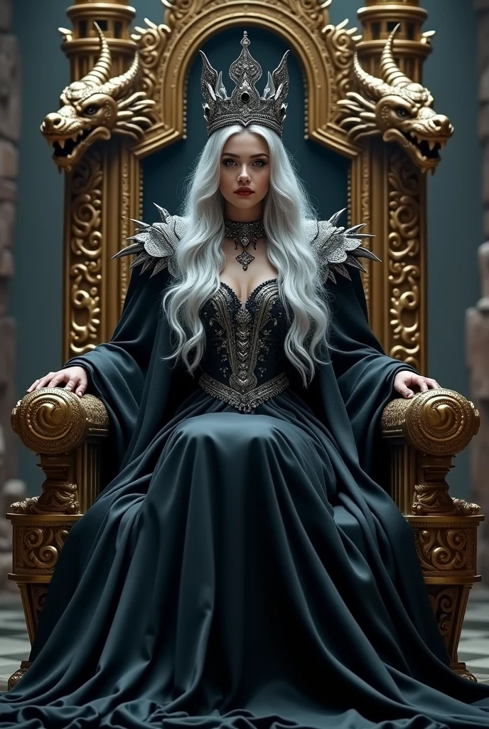 generate landscape picture, 1080p, beautiful woman with silver hair, sitting on the throne, wearing black noble outfit,crowned by silver obsidian crown, surround by kingsguard and her servants kneeling to the queen, in the background carved dragon face staring it queens throne