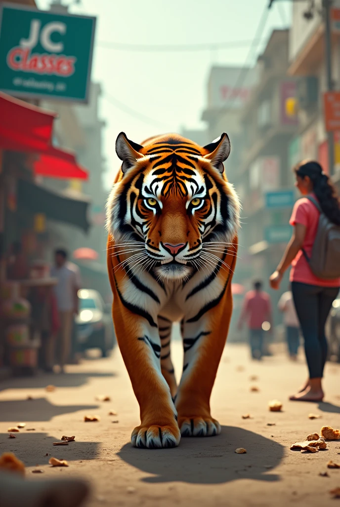 One tiger in india city jabalpur and tere have one poster of jc classes jabalpur and girl looking that