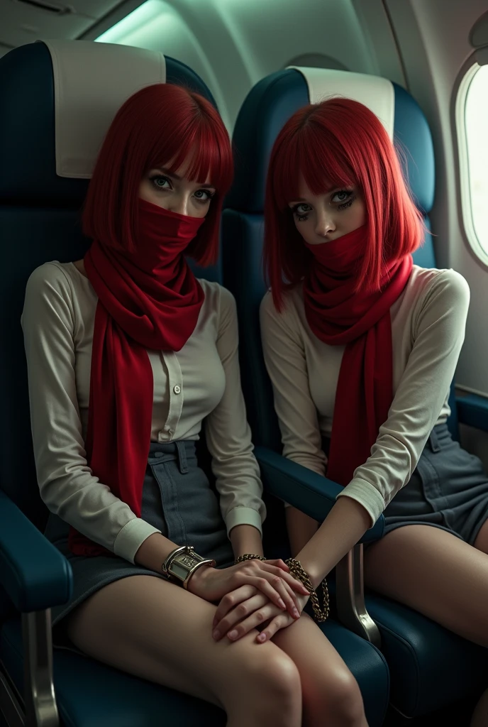 2 young woman, with mid-length, straight red hair, is sitting in an airplane seat. We can see that his wrists are restrained by handcuffs., securely attached to the foot of the seat with a rope . A red silk scarf covers her mouth, adding an eerie touch to the scene.