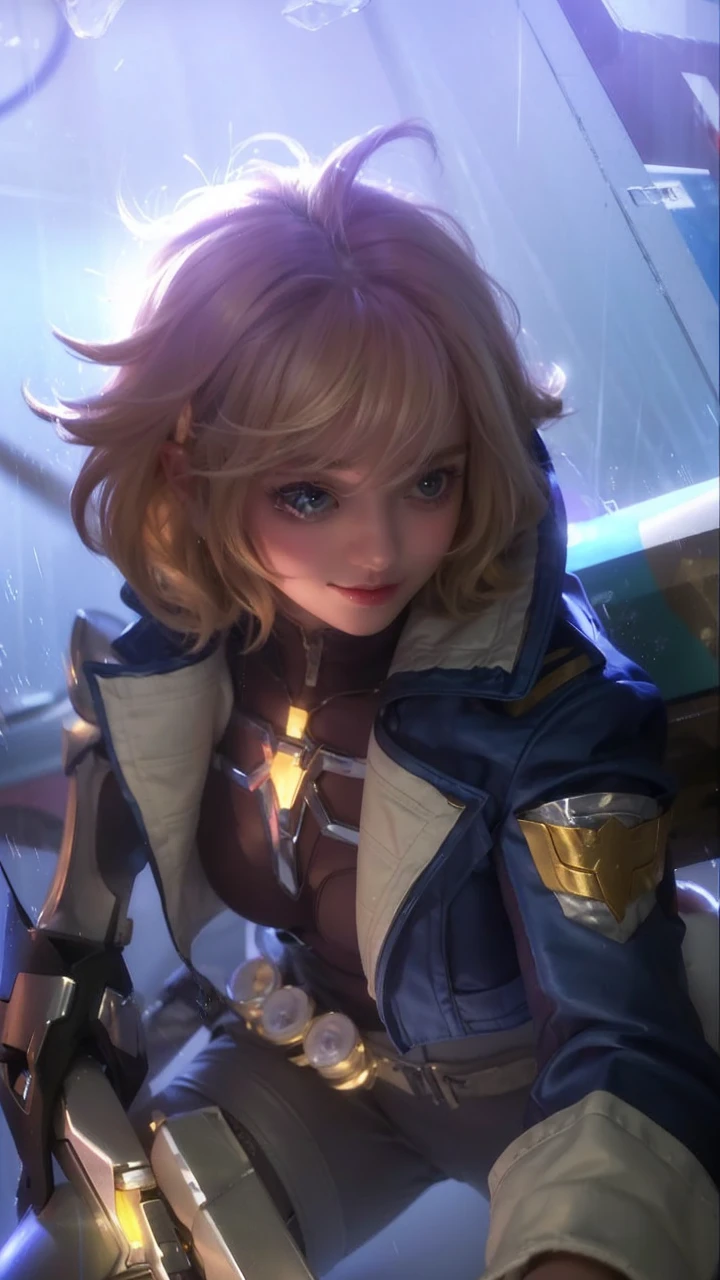 1 girl, solo, cute, looking at viewer, beautiful body, blush, (silver blonde short wavy hair), (small breast), (green eyes), very life-like eyes, stylish casual outfit, beautiful environment, highly detailed, masterpiece, best quality, highest quality, high resolution, (masterpiece:1.2), realistic lighting, incredible lighting