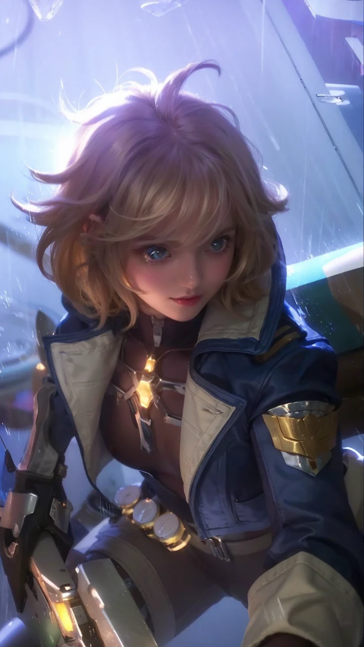 1 girl, solo, cute, looking at viewer, beautiful body, blush, (silver blonde short wavy hair), (small breast), (green eyes), very life-like eyes, stylish casual outfit, beautiful environment, highly detailed, masterpiece, best quality, highest quality, high resolution, (masterpiece:1.2), realistic lighting, incredible lighting