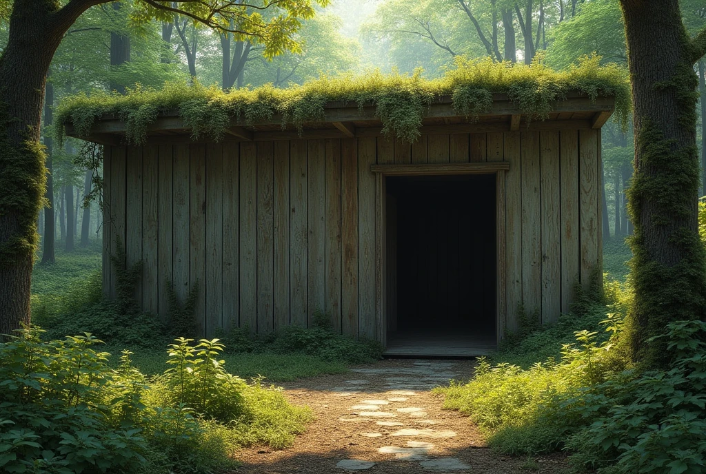 Inside an old room made of wood in the forest, there is no one there.