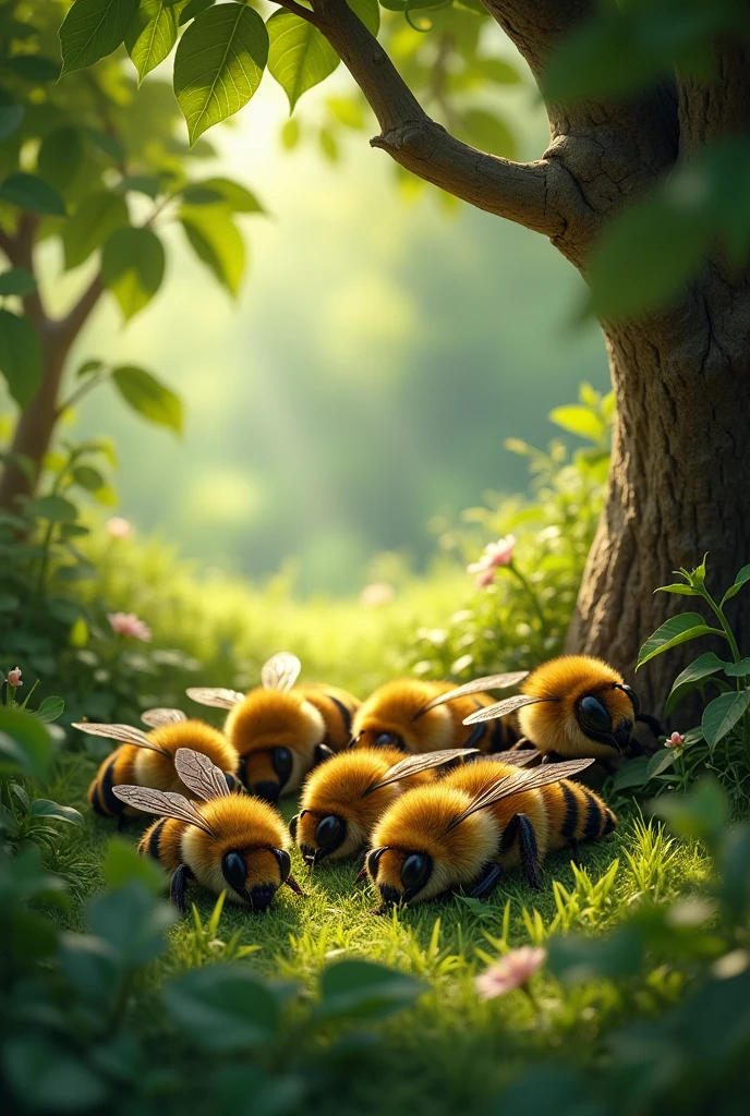 bees napped in the shade, with a lot of green leaves and grass under the trees