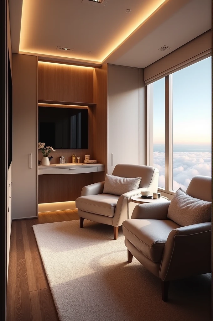 I want a room on a plane that has a pet bed, TV and bathroom.