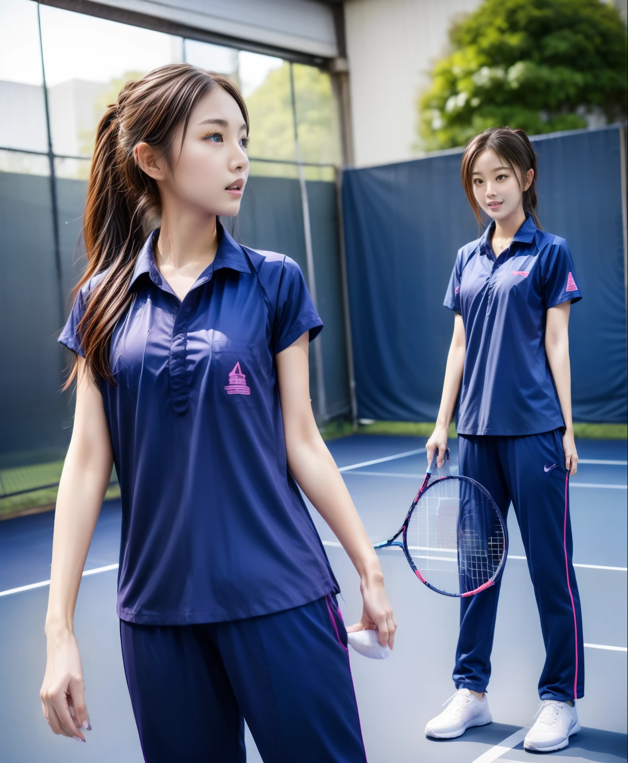 3 girls play tennis at tennis courts, Navy blue short-sleeved shirt,Navy Long Trackpant,Sweatpants, Sweatpantsขายาว,2 girl, lesbian, sexy, exercise clothes, wet body, exercise clothes