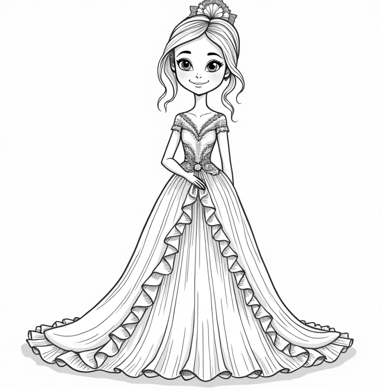 A line art for a coloring book for children of a bride with a beautiful dress in Pixar-style