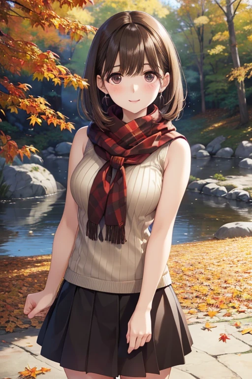 anegasaki nene、Shiny brown hair, short hair, (Beautiful brown eyes、Sparkling eyes, Fine grain)、smile、Ultra-detailed eyes、Very detailed顔, Very detailed目,Cowboy Shot、
nsfw、
(artwork), Highest quality, Very detailed, shape, Warm lighting, Soft lighting, Shiny colors,
1 person, independent,( beautiful girl,) , autumn, Many maples, Maple Leaf, Golden Leaf, folhagem de autumn, Dry leaves, river, fresh air, peace, Fresh breeze , Pleasant Climate,
( Wear a brown sleeveless ribbed sweater, Red scarf,Whimsical, melancholic, melancholic, sorrow ,maniac, longing,), (((Sexy clothes)))