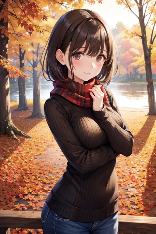 anegasaki nene、Shiny brown hair, short hair, (Beautiful brown eyes、Sparkling eyes, Fine grain)、smile、Ultra-detailed eyes、Very detailed顔, Very detailed目,Cowboy Shot、
nsfw、
(artwork), Highest quality, Very detailed, shape, Warm lighting, Soft lighting, Shiny colors,
1 person, independent,( beautiful girl,) , autumn, Many maples, Maple Leaf, Golden Leaf, folhagem de autumn, Dry leaves, river, fresh air, peace, Fresh breeze , Pleasant Climate,
( Wear a brown sleeveless ribbed sweater, Red scarf,Whimsical, melancholic, melancholic, sorrow ,maniac, longing,), (((Sexy clothes)))