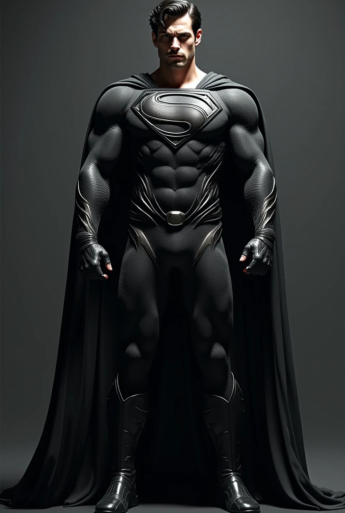 Make a superman realistic with black metalic suite
