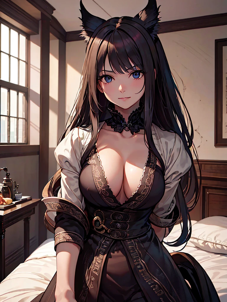 (masterpiece、top-quality、hight resolution、Unity 8k、extremely details CG:1,Best Picture), hotel room, on the bed, "A seductive woman posing provocatively, fully aware that this photoshoot will be used as 'Masturbation material.' Her expression is one of playful acceptance, with a hint of a knowing smile.", hunter (bloodborne)